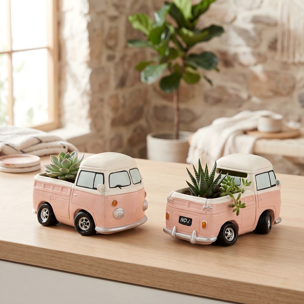 Echeveria Succulent - Mini-bus rose vintage en résine, pot